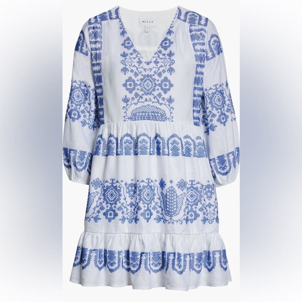 Milly Blue and White Embroidered Long Sleeve Dress